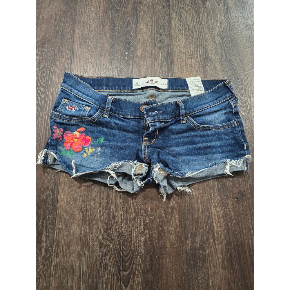 Hollister Women Low Rise Embroidered Floral Denim Cut Off Shorts Dark Wash 0 W24